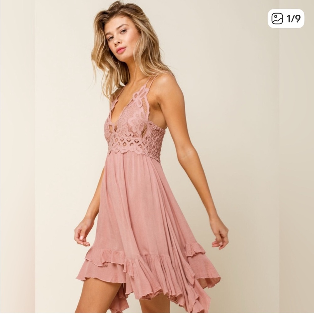 Free People Adella Slip Dress Dusty Mauve Pink Lace Boho Mini XS
